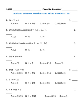Preview of Add Subtract Fractions Mixed Numbers Fraction Concept Test StudyGuide