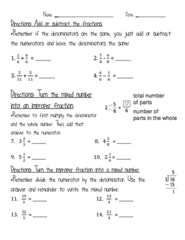 add subtract fractions mixed numbers improper fractions worksheet