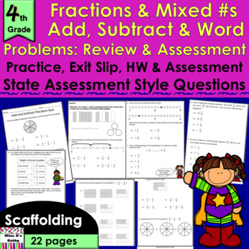 Preview of Add & Subtract Fractions, Mixed Numbers & Word Problems: Review & Quiz