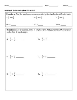 Add & Subtract Fractions: Quiz By Keep Calm And Do Math | Tpt