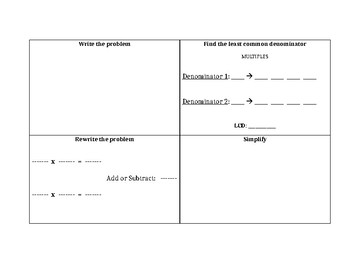 Preview of Add & Subtract Fractions (unlike denominators) 4 Square Method Template