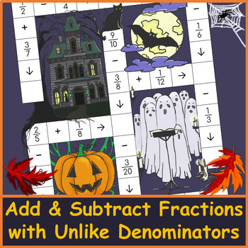 Preview of Add & Subtract Fractions with Unlike Denominators Cross-Number Puzzle Halloween