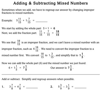 add subtract like mixed numbers 5 6 7 grade worksheets individualized math