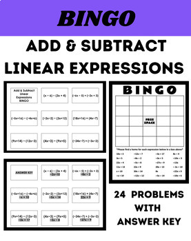 Preview of Add & Subtract Linear Expressions Bingo with Answer Key and Bingo Sheet