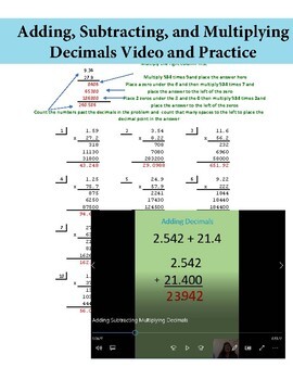 Preview of Add, Subtract, & Multiply Decimals- Video w/ Practice & Quiz  Distance Learning