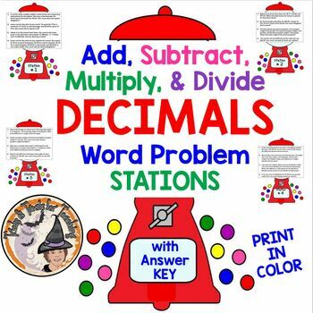 Preview of Add Subtract Multiply Divide DECIMALS Word Problems STATIONS COLOR w/ KEY