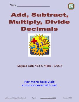 Preview of Add, Subtract, Multiply, Divide Decimals - 6.NS.3