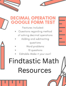 Preview of Add, Subtract, Multiply, Divide Decimals Editable Google Forms Quiz or Test