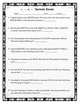 DIGITAL Add Subtract Multiply Divide Decimals Word Problems Worksheet