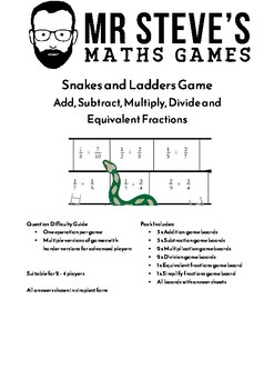 Preview of Add Subtract Multiply Divide Equivalent Simplify Fractions Game Snakes Ladders