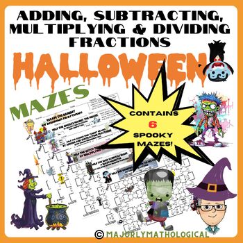 Preview of Add, Subtract, Multiply & Divide Fractions Halloween Mazes - Contains 6 Mazes!