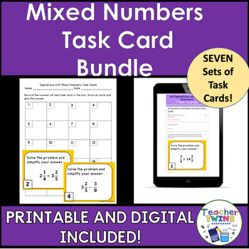 Preview of Add, Subtract, Multiply, Divide Mixed Numbers Digital and Print Task Card Bundle