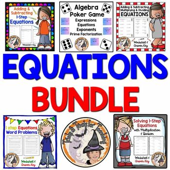 Preview of Add Subtract Multiply Divide One-Step EQUATIONS Worksheets and Game BUNDLE