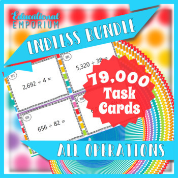 Preview of Add, Subtract, Multiply & Divide Task Cards ENDLESS Bundle: Fluency & Word Probs