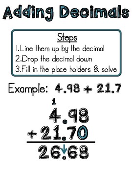 add subtract multiply dividing decimals anchor charts posters printouts.
