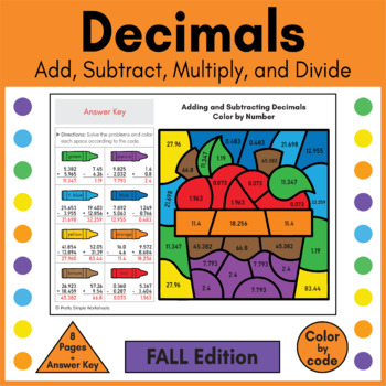 Preview of Add, Subtract, Multiply, and Divide Decimals - Fall Color by Number Activity