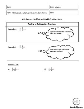 Preview of Add, Subtract, Multiply, and Divide Fractions Review Note-Taking Guide