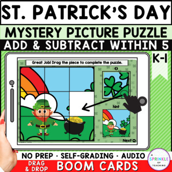 Preview of Add & Subtract Within 5 Mystery Picture Puzzle | St Patricks Day Boom Cards