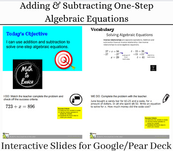 Preview of Add & Subtract One-Step Algebraic Equations -Google Slides w/ Optional Pear Deck