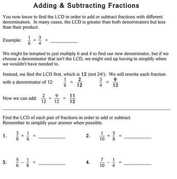 add subtract unlike fractions 5th grade worksheets individualized math