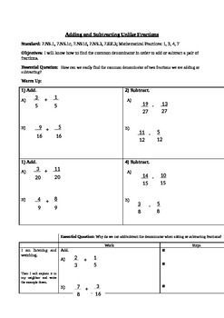 Preview of Add & Subtract Unlike Fractions (7.NS.1; Mathematical Practices: 1, 3, 4, 7)