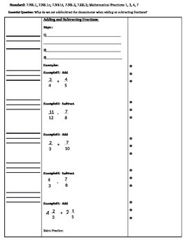 Preview of Add & Subtract Unlike Fractions Cornell Notes (7.NS.1; Math. Practices: 1,3,4,7)