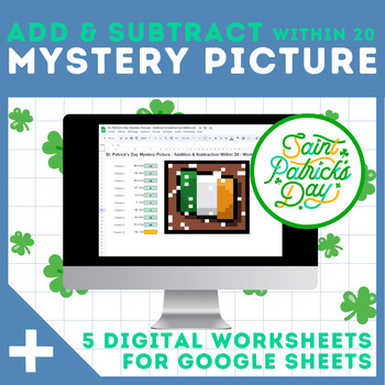 Preview of Add & Subtract Within 20 | Digital | Mystery Pictures | St. Patrick's Day