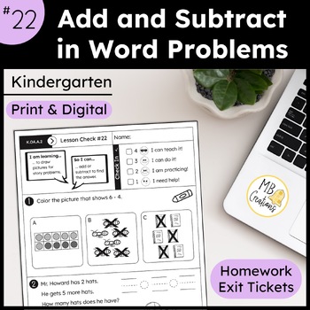 Preview of Addition & Subtraction Story Problem Worksheet L22 Kindergarten iReady Math Exit