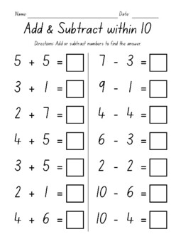 Preview of Add & Subtract within 10 Worksheets - Addition & Subtraction Practice - No Prep