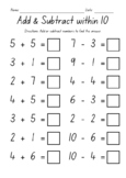 Add & Subtract within 10 Worksheets - Addition & Subtracti