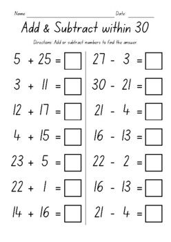 Preview of Add & Subtract within 30 Worksheets - Addition & Subtraction Practice - No Prep