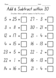 Add & Subtract within 30 Worksheets - Addition & Subtracti