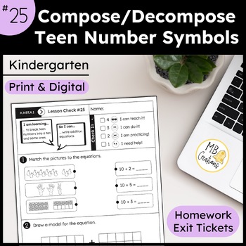 Preview of Add Tens & Ones Teen Number Worksheets L25 Kindergarten iReady Math Exit Tickets