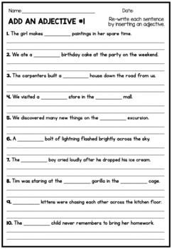 add the adjective to the sentences free worksheet tpt