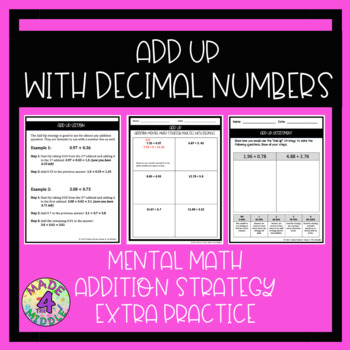 Preview of Add Up With Decimals Mental Math Addition Strategy Extra Practice