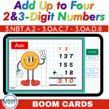 Preview of Add Up to Four 2 and 3-digit Numbers Boom Cards 3.NBT.A.2, 3.OA.C.7, 3.OA.D.8