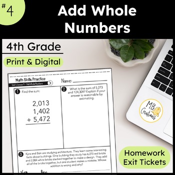 Preview of Adding Multidigit Whole Numbers Worksheet/Exit Tickets -iReady Math 4th Grade L4