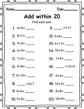 Preview of Add Within 20 Worksheet