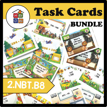 Preview of Add and Subtract 10 and 100 | Mystery Message Task Cards Bundle