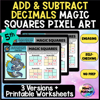 Preview of Add and Subtract Decimal Tenths & Hundredths Magic Squares Pixel Art - 5th Grade