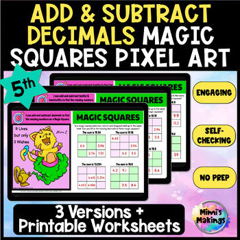 Preview of Add and Subtract Decimal Tenths & Hundredths Magic Squares Pixel Art - 5th Grade