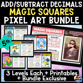 Preview of Add and Subtract Decimal Tenths & Hundredths Magic Squares Pixel Art Bundle
