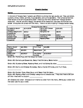 Preview of Add and Subtract Decimals Googly Garden Menu