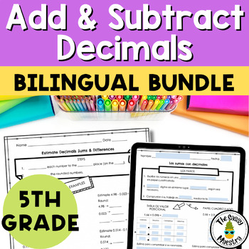 Preview of Add and Subtract Decimals Guided Notes 5th Grade Spanish Bilingual Bundle