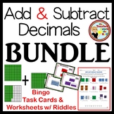 Add and Subtract Decimals BUNDLE Bingo, Task Cards, Worksheets