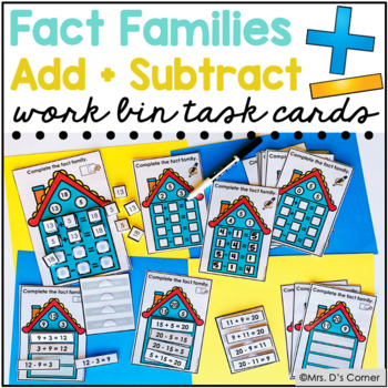 Preview of Add and Subtract Fact Families Work Bin Task Cards | Centers for Special Ed