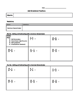 Preview of Add and Subtract Fractions Guided Notes with Word Problems