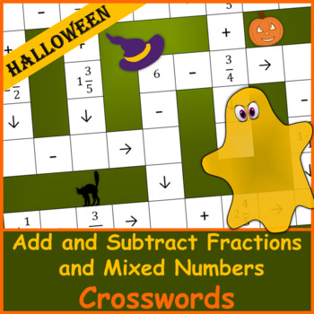 Preview of Add and Subtract Fractions & Mixed Numbers | Crosswords Puzzle | Halloween