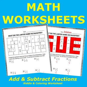 Preview of Add and Subtract Fractions Riddle and Coloring Worksheet