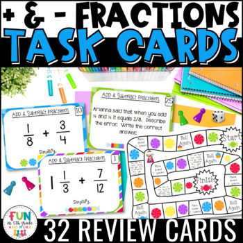 Preview of Add and Subtract Fractions Task Cards & Game Math Review